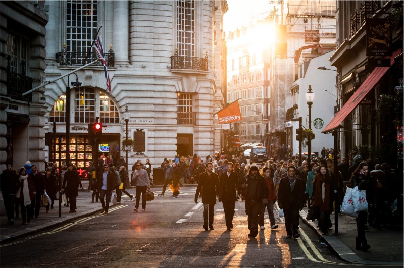 People walking down the street in an urban area