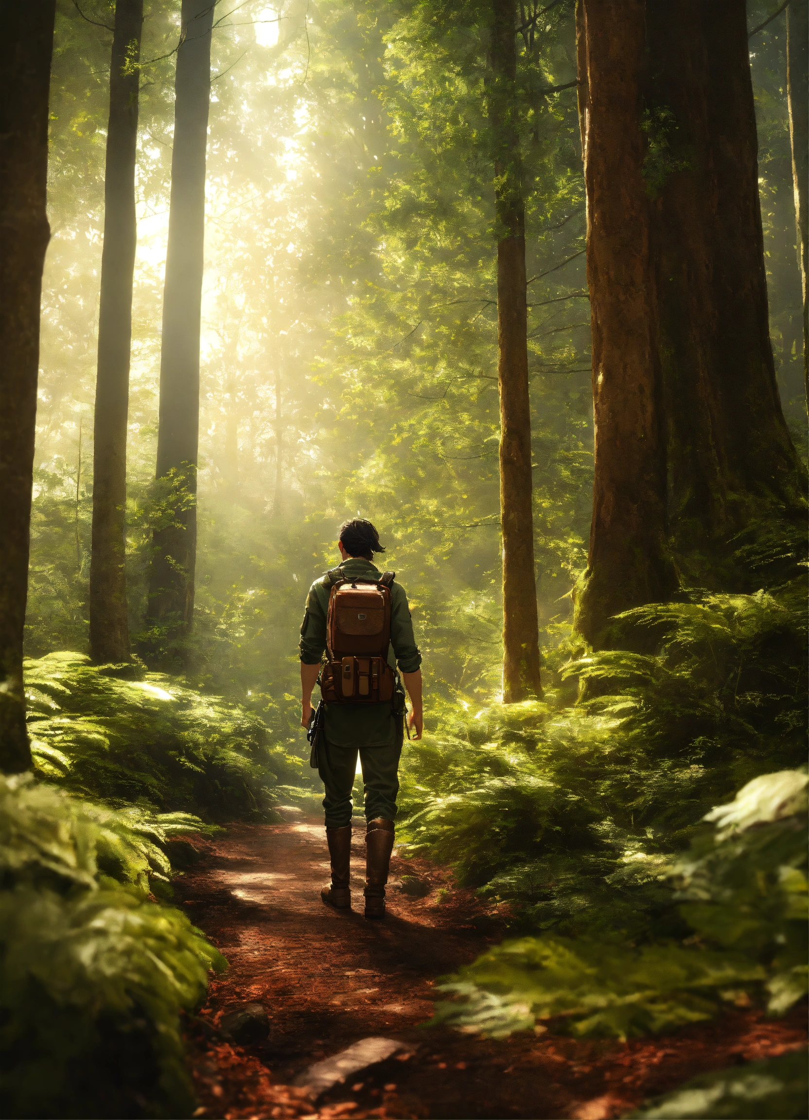 Man wearing a backpack hiking in the woods.