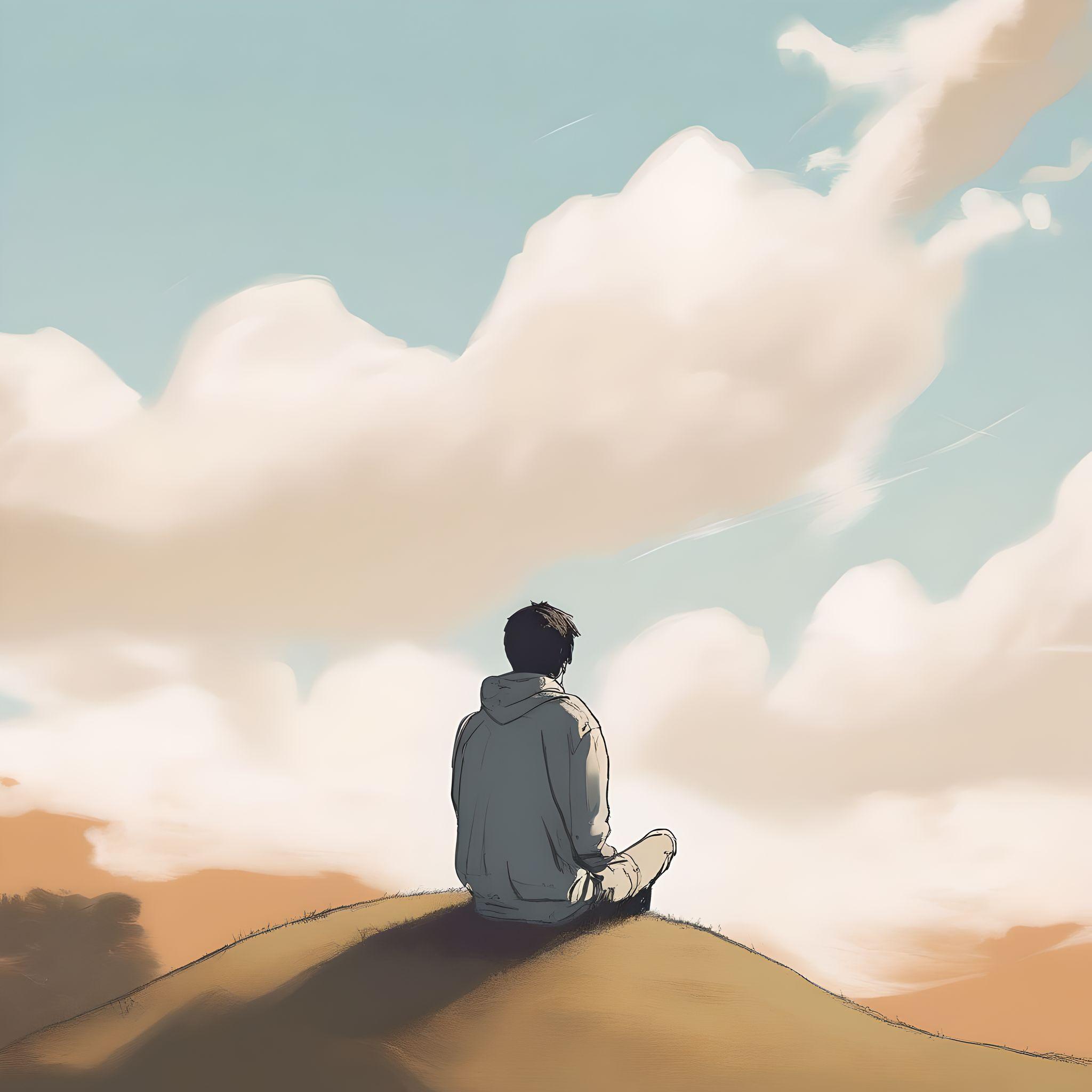 Cartoon of a man sitting on a sand dune looking out over the distance.