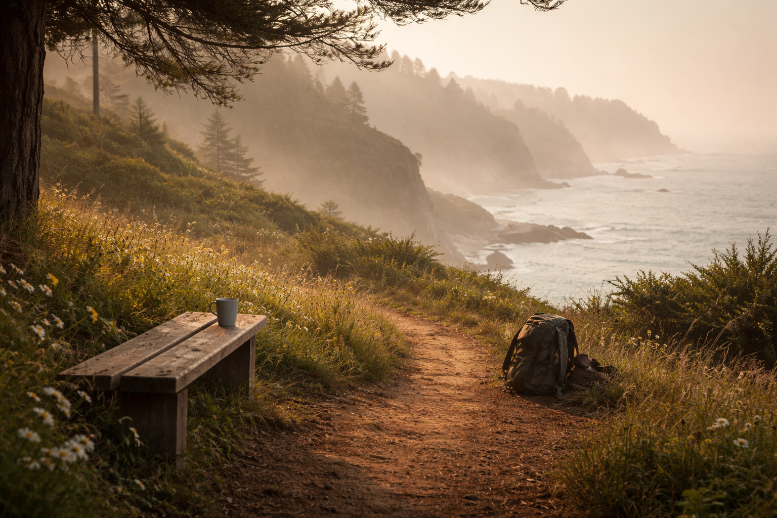 There a wooden bench with a mug of coffee overlooking a view of a rocky coast like.